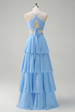 Sky Blue Cut Out Tiered Chiffon A-Line Bridesmaid Dress