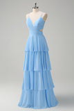 Sky Blue Cut Out Tiered Chiffon A-Line Bridesmaid Dress