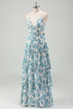 Sky Blue Cut Out Tiered Chiffon A-Line Bridesmaid Dress