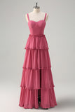 Rusty Rose Tiered Chiffon A-Line Sweetheart Corset Bridesmaid Dress with Slit