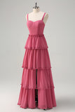 Rusty Rose Tiered Chiffon A-Line Sweetheart Corset Bridesmaid Dress with Slit