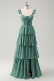 Eucalyptus Corset Tiered A-Line Bridesmaid Dress with Slit