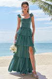 Eucalyptus Corset Tiered A-Line Bridesmaid Dress with Slit