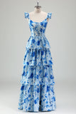 Blue Floral Corset Tiered A-Line Bridesmaid Dress with Slit