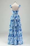 Blue Floral Corset Tiered A-Line Bridesmaid Dress with Slit