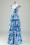 Blue Floral Tiered A-Line Chiffon Bridesmaid Dress