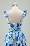 Blue Floral Tiered A-Line Chiffon Bridesmaid Dress