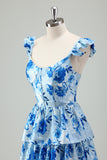 Blue Floral Tiered A-Line Chiffon Bridesmaid Dress