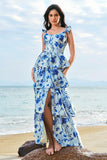 Blue Floral Corset Tiered A-Line Bridesmaid Dress with Slit