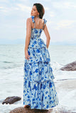 Blue Floral Corset Tiered A-Line Bridesmaid Dress with Slit