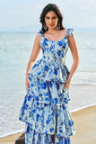 Blue Floral Corset Tiered A-Line Bridesmaid Dress with Slit