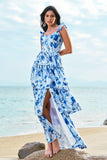 Blue Floral Tiered A-Line Chiffon Bridesmaid Dress