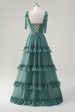 Eucalyptus Corset Ruffled A-Line Chiffon Bridesmaid Dress with Bow