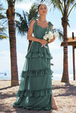 Eucalyptus Corset Tiered A-Line Bridesmaid Dress with Slit