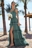 Eucalyptus Corset Ruffled A-Line Chiffon Bridesmaid Dress with Bow