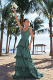 Eucalyptus Corset Ruffled A-Line Chiffon Bridesmaid Dress with Bow