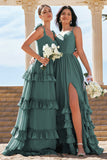 Eucalyptus Corset Ruffled A-Line Chiffon Bridesmaid Dress with Bow