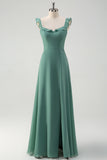 Eucalyptus Chiffon A-Line Square Neck V-Back Bridesmaid Dress with Slit