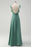 Eucalyptus Chiffon A-Line Square Neck V-Back Bridesmaid Dress with Slit