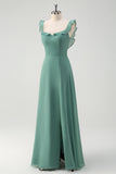 Eucalyptus Chiffon A-Line Square Neck V-Back Bridesmaid Dress with Slit