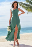 Eucalyptus Chiffon A-Line Ruffled Bridesmaid Dress with Slit