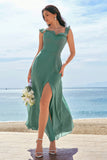 Eucalyptus Chiffon A-Line Ruffled Bridesmaid Dress with Slit