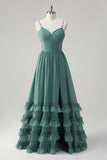 Eucalyptus Corset Ruffled Chiffon A-Line Bridesmaid Dress with Slit