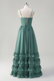 Eucalyptus Corset Ruffled Chiffon A-Line Bridesmaid Dress with Slit