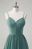 Eucalyptus Spaghetti Straps Corset Ruffled A-Line Bridesmaid Dress with Slit