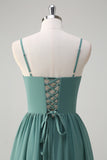 Eucalyptus Spaghetti Straps Corset Ruffled A-Line Bridesmaid Dress with Slit