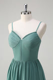 Eucalyptus Spaghetti Straps Corset Ruffled A-Line Bridesmaid Dress with Slit