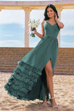 Eucalyptus Corset Ruffled Chiffon A-Line Bridesmaid Dress with Slit