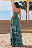 Eucalyptus Spaghetti Straps Corset Ruffled A-Line Bridesmaid Dress with Slit