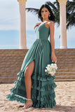 Eucalyptus Corset Ruffled Chiffon A-Line Bridesmaid Dress with Slit