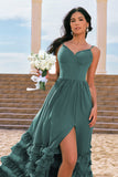 Eucalyptus Corset Ruffled Chiffon A-Line Bridesmaid Dress with Slit