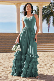 Eucalyptus Corset Ruffled Chiffon A-Line Bridesmaid Dress with Slit