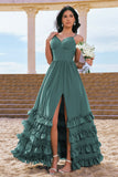 Eucalyptus Corset Ruffled Chiffon A-Line Bridesmaid Dress with Slit