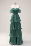 Eucalyptus Sweetheart Off the Shoulder Tiered Chiffon Bridesmaid Dress