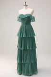 Eucalyptus Sweetheart Off the Shoulder Tiered Chiffon Bridesmaid Dress