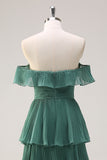 Eucalyptus Sweetheart Off the Shoulder Tiered Chiffon Bridesmaid Dress