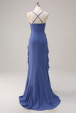 Dark Blue Mermaid Chiffon Ruffled Bridesmaid Dress with Slit