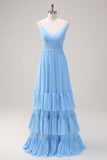 Blue V-Neck Chiffon A-Line Tiered Bridesmaid Dress with Bow