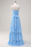 Blue V-Neck Chiffon A-Line Tiered Bridesmaid Dress with Bow