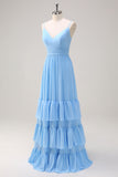 Blue V-Neck Chiffon A-Line Tiered Bridesmaid Dress with Bow