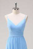 Blue V-Neck Chiffon A-Line Tiered Bridesmaid Dress with Bow