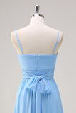 Blue V-Neck Chiffon A-Line Tiered Bridesmaid Dress with Bow