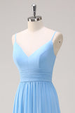 Blue V-Neck Chiffon A-Line Tiered Bridesmaid Dress with Bow