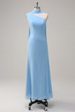 Blue One Shoulder Sheath Chiffon Bridesmaid Dress with Ribbon