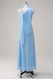 Blue One Shoulder Sheath Chiffon Bridesmaid Dress with Ribbon