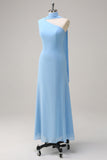 Blue One Shoulder Sheath Chiffon Bridesmaid Dress with Ribbon